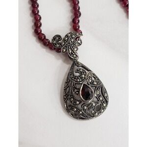 STUNNING VINTAGE GARNET BEAD MARCASITE TEARDROP PENDANT NECKLACE STERLING SILVER